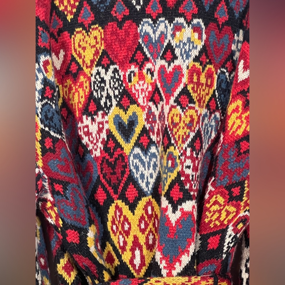 🦄 Farm Rio Heart Jacquard Belted Cardigan Jacket XL Statement Boho Knit - Picture 4 of 7